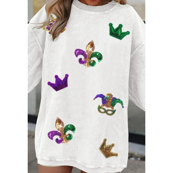 Mardi Gras Sequin Patch Oversized White Corded Sweatshirt - Picture 4 of 8